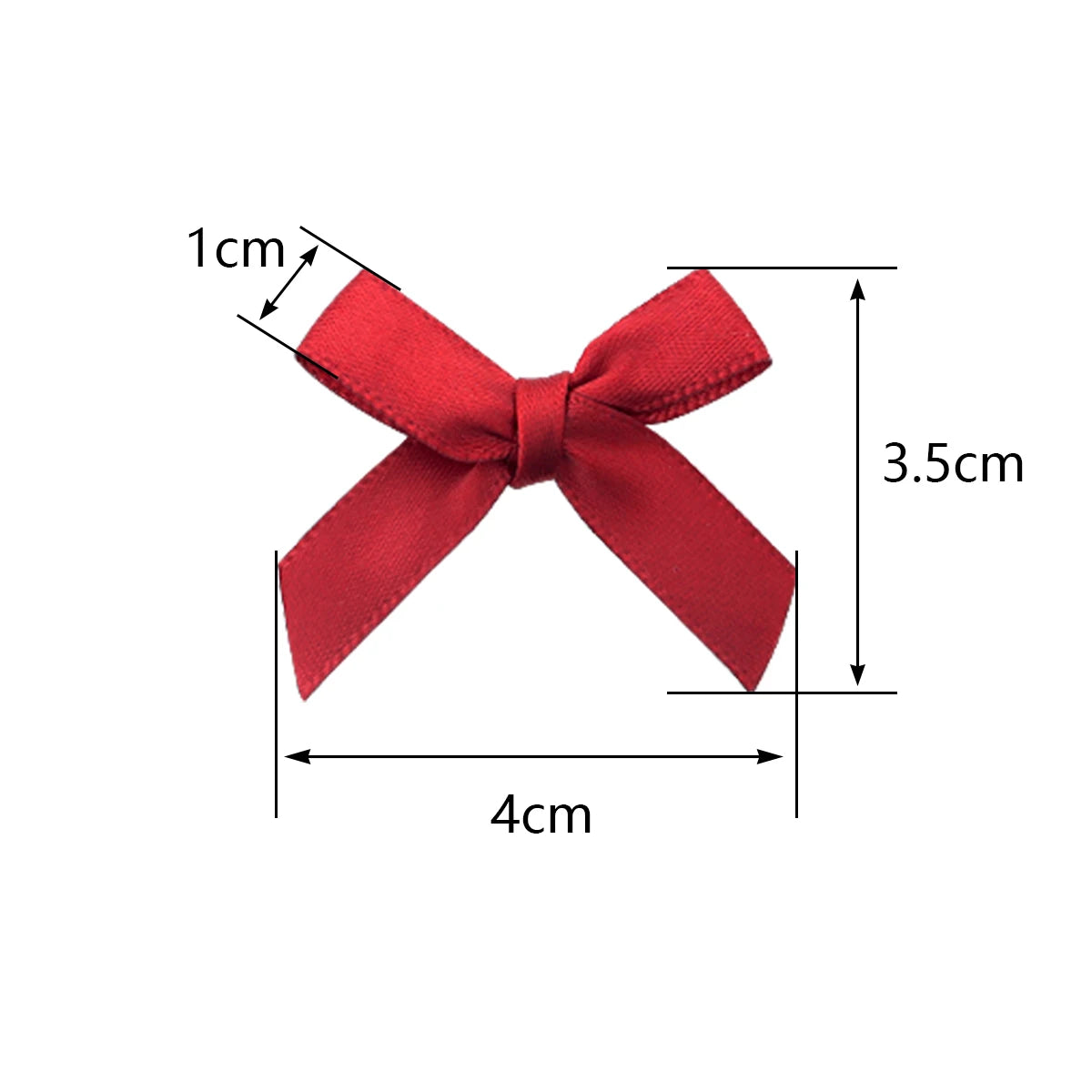 A red satin ribbon bow shown with dimensions of 1cm thickness, 4cm width, and 3.5cm height.