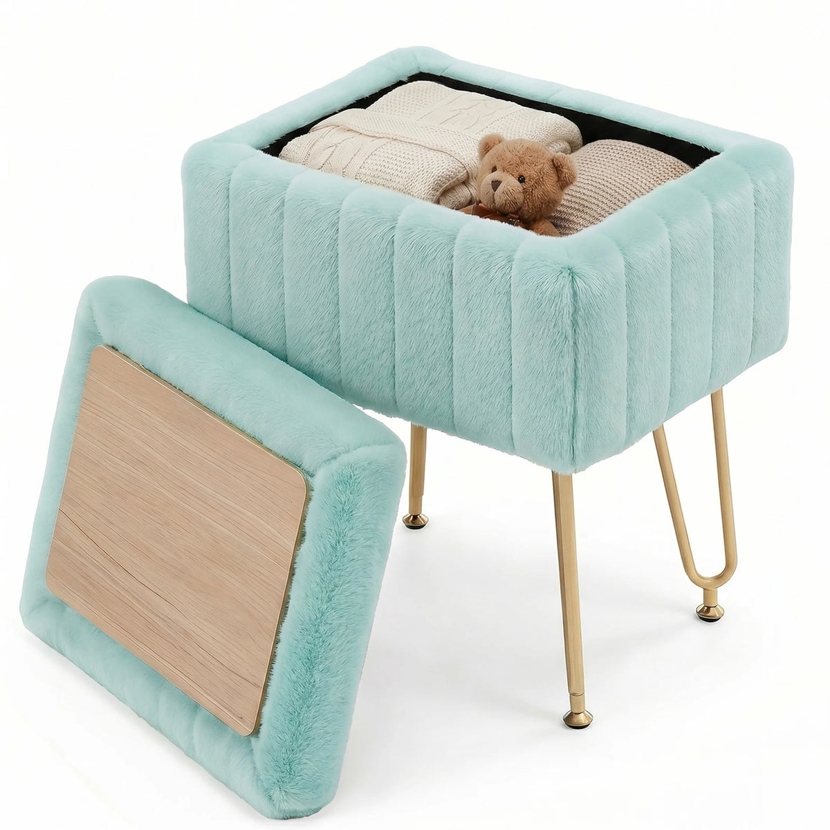 Mint green faux fur ottoman with a wooden lid and gold metal legs