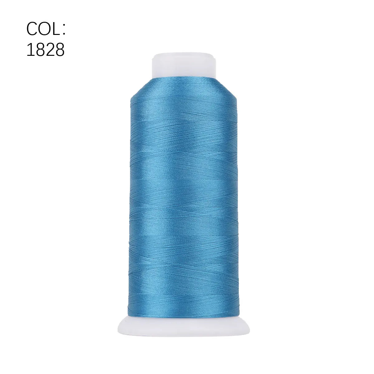 A roll of blue polyester embroidery thread with a white core and cap.