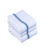 A stack of white kitchen cleaning cloths with blue stripes