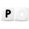 A white silicone alphabet bead shaped like the letter P, shown next to a blank bead.