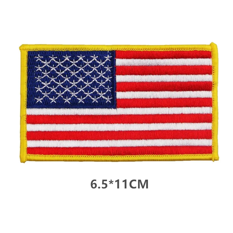 Embroidered USA flag sew-on patch featuring the stars and stripes design on a yellow backing