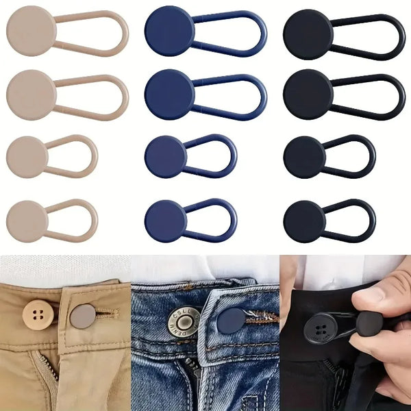 A pack of no-sew jean waist extenders in various colors and sizes shown against denim fabric.