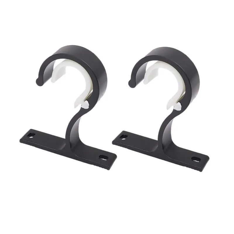 Black multi-style curtain rod brackets designed for wall mounting.