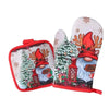 Festive Christmas insulated oven mitts featuring a Santa and snowman design on a pink fabric.