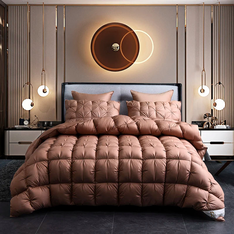 A luxurious brown goose down duvet blanket is displayed on a bed with modern gold accents and vertical paneling.