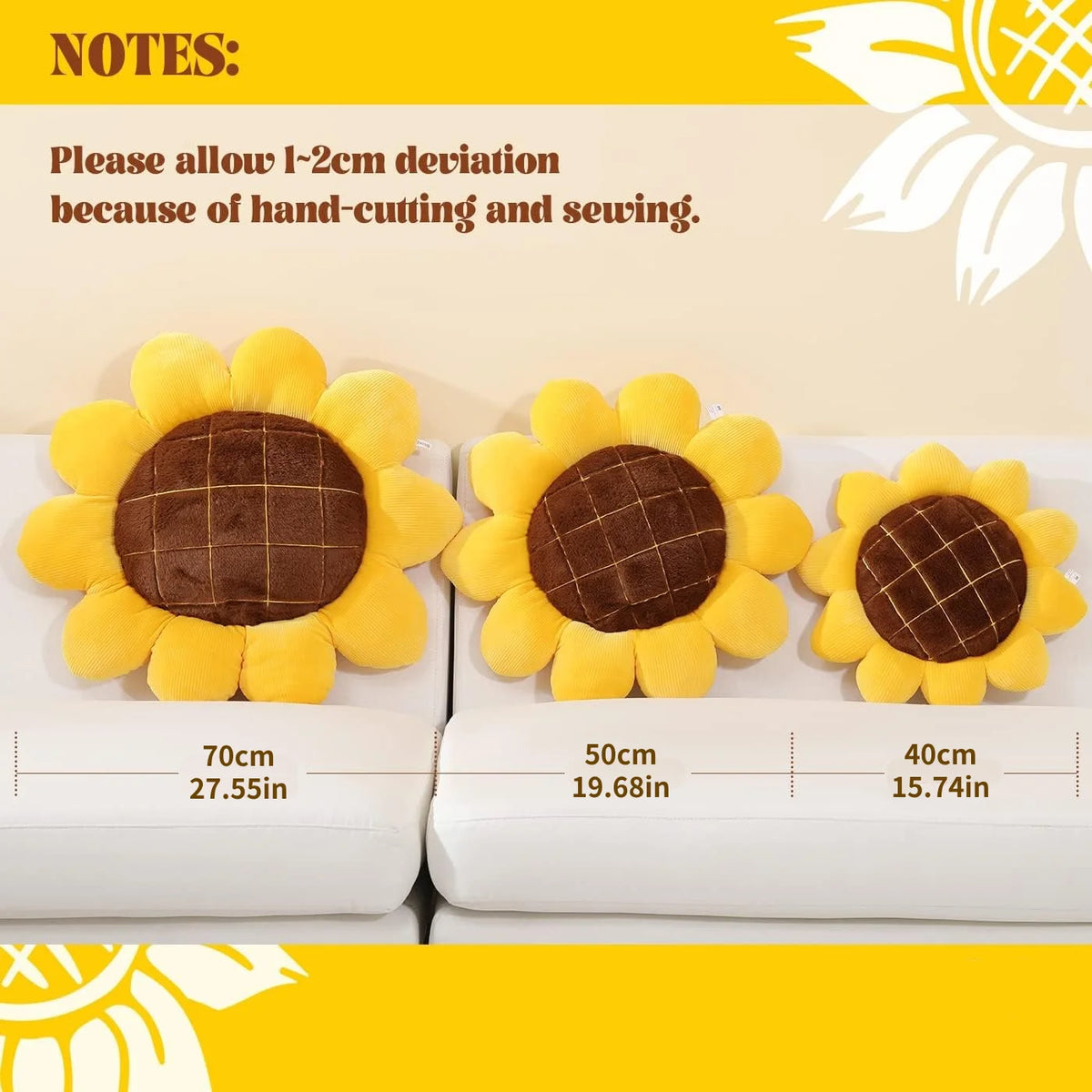 Yellow sunflower shaped throw pillows displayed with size options and sewing deviation notes.