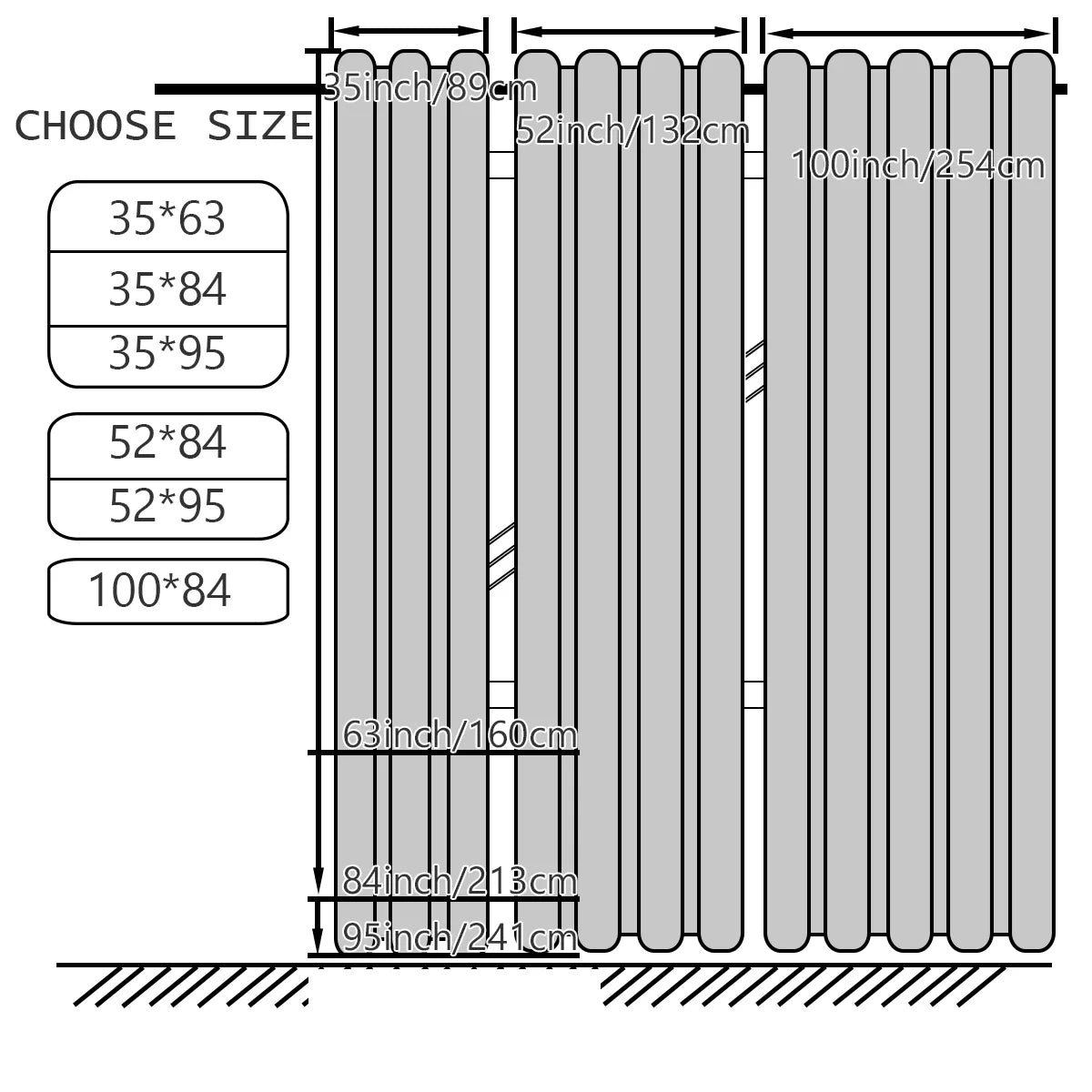 Diagram showing various sizes of heat-insulating blackout curtains with corresponding dimensions.