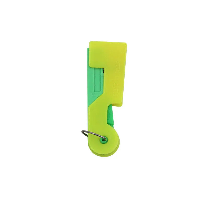A bright lime green automatic sewing needle threader tool.