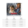 A figure resembling Chucky the doll is shown in a dramatic scene, used as context for a flannel throw blanket.