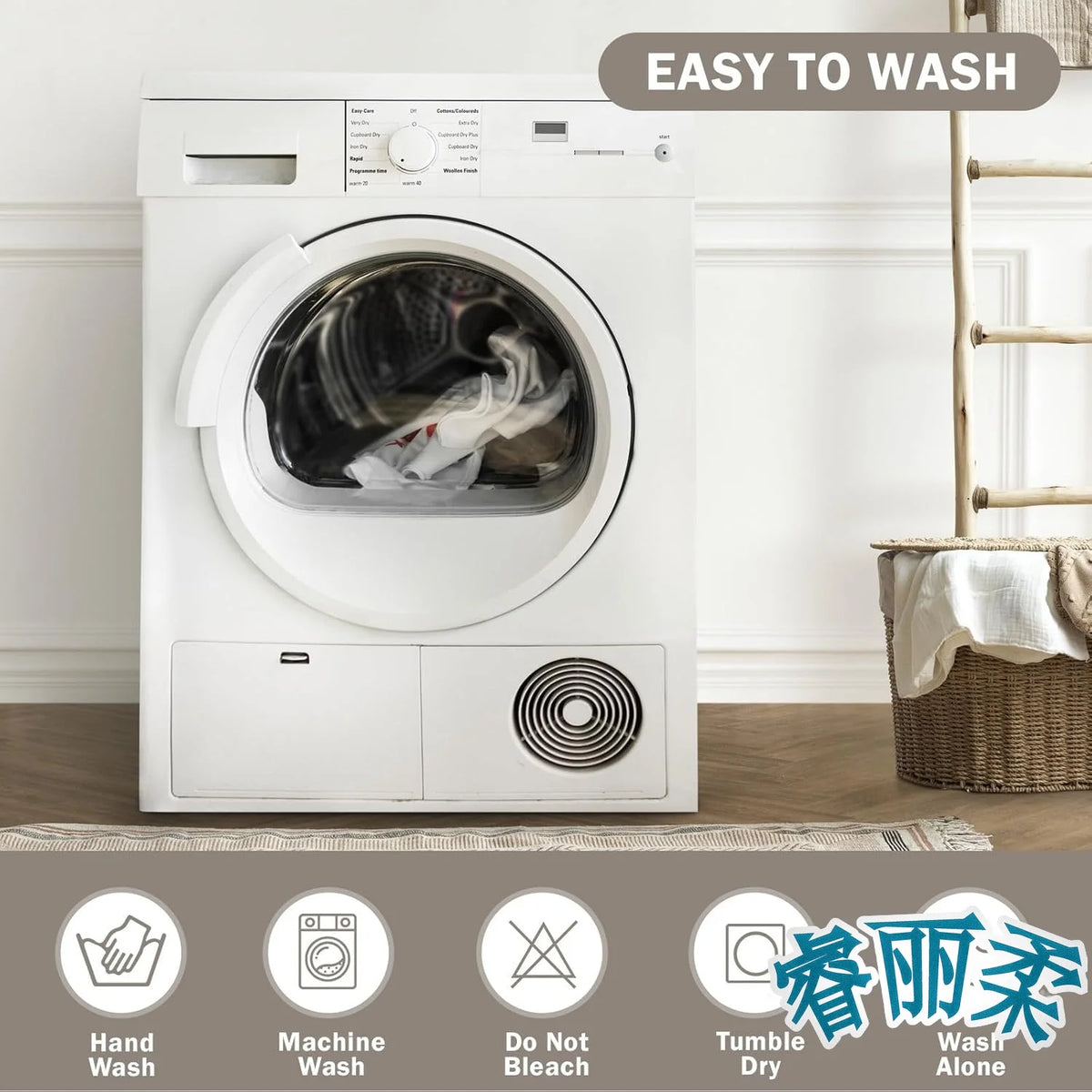 White front view of a washing machine with a door open showing laundry inside.