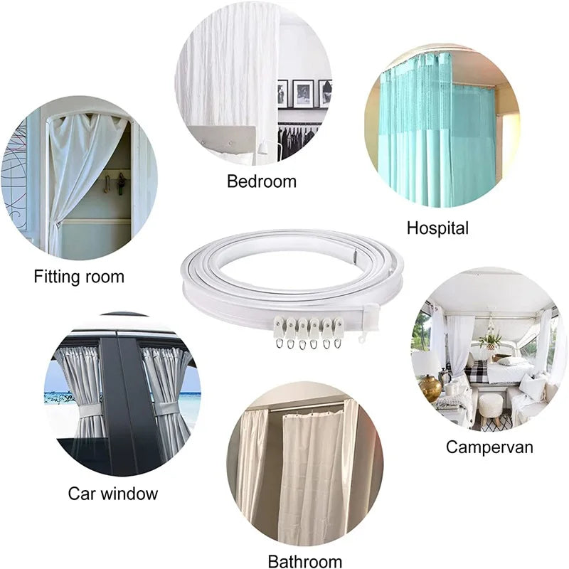 Various installations of a flexible bendable curtain track for ceiling or wall mount in different contexts like bedroom, hosp