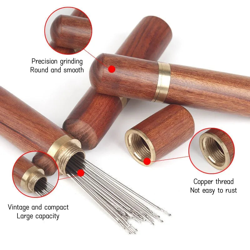 A set of vintage and compact sewing needles with precision ground round and smooth tips and copper threads.