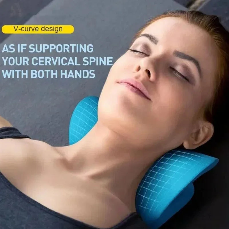 A woman is using a blue V-curve neck stretcher to support her cervical spine during relaxation.