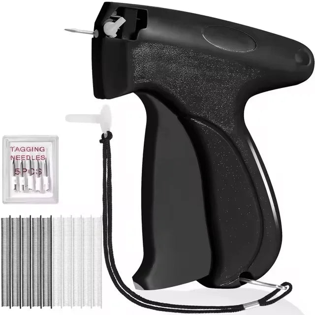 A black micro stitching gun with a needle and cord, next to a set of sewing needles.