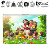 A colorful banner featuring various religious characters celebrating a party or event.