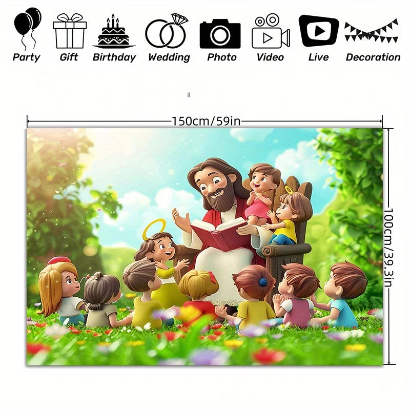 A colorful banner featuring various religious characters celebrating a party or event.