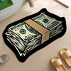 A black decorative rug features a design of stacked US hundred dollar bills.