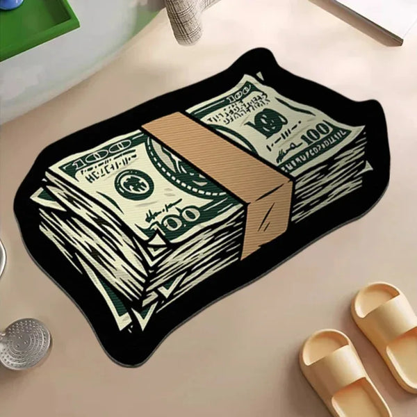 A black decorative rug features a design of stacked US hundred dollar bills.