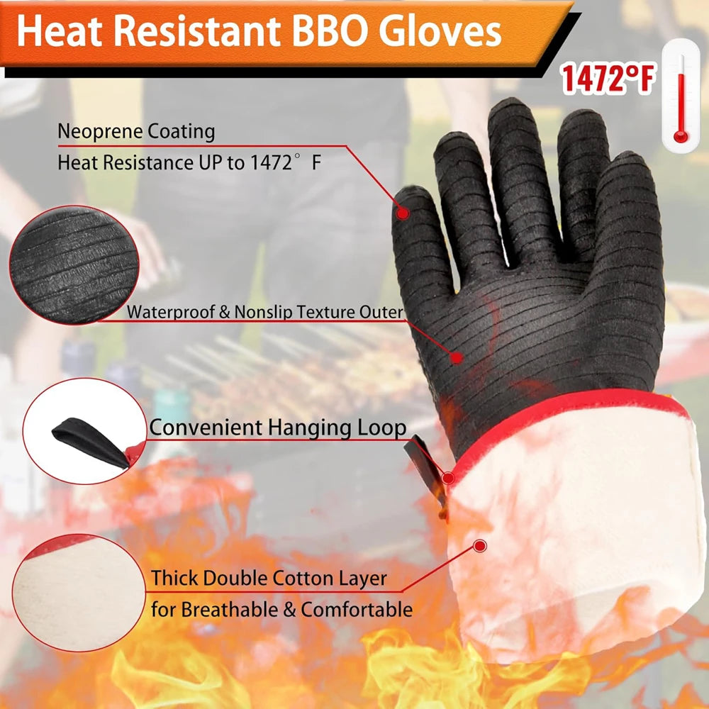 Black heat resistant BBQ gloves with neoprene coating and a thick cotton layer for protection