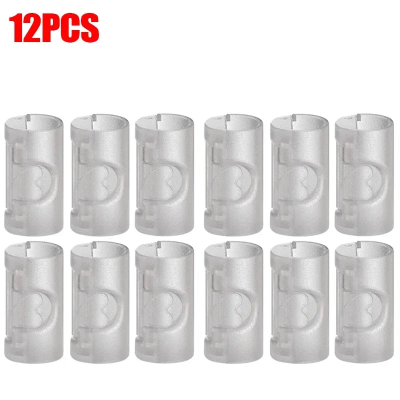Twelve silver non-slip bed sheet grippers with adjustable clips shown in a row.