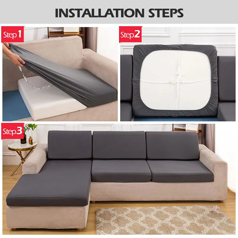 Installation steps showing how to install waterproof sofa cushion protector covers on a sofa.