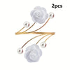 Two sets of rose pattern curtain ties featuring white fabric flowers and pearl beads on gold-colored metal wires