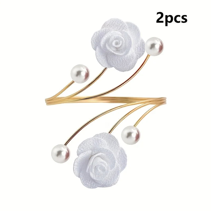 Two sets of rose pattern curtain ties featuring white fabric flowers and pearl beads on gold-colored metal wires
