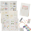 A collection of hand embroidery patterns, stitches, and tools for a beginner's embroidery kit.