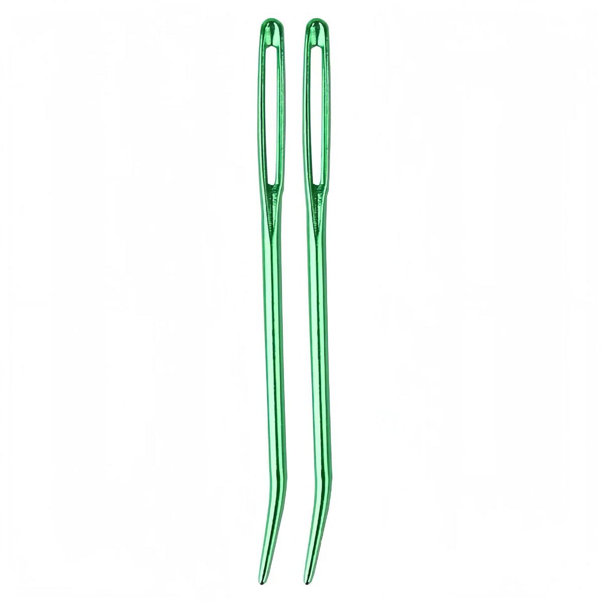 A set of 20 aluminum knitting needles and sewing pins in a bright green color.