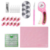 A pink 45mm rotary cutter set includes a cutting mat, blade, and craft accessories.