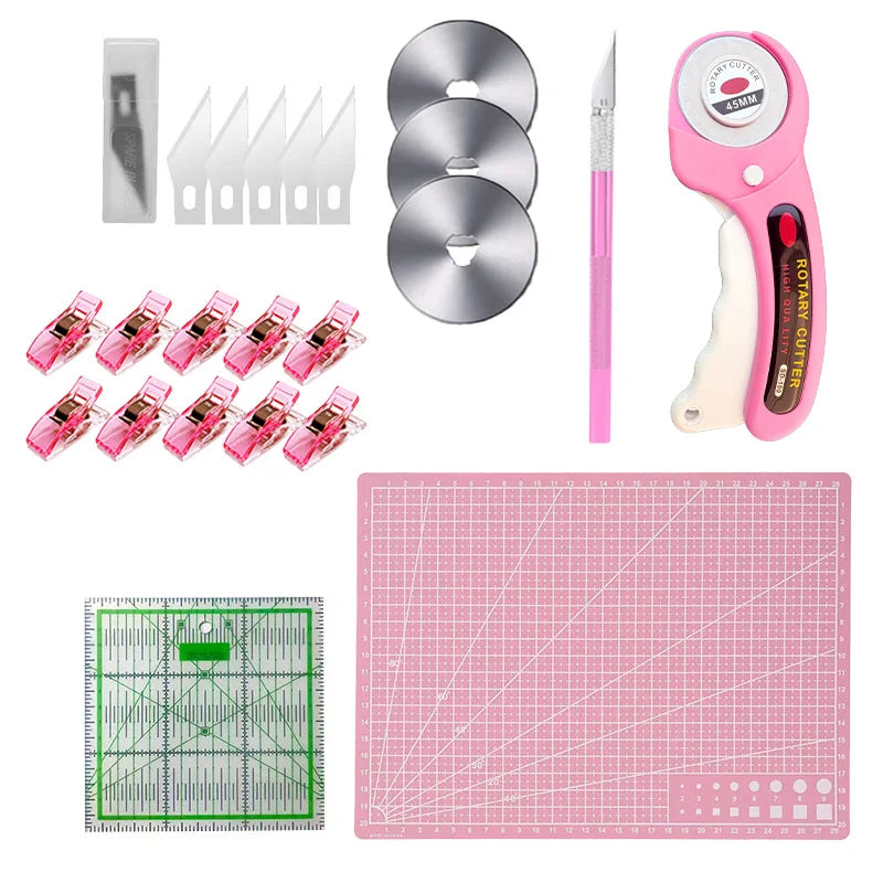 A pink 45mm rotary cutter set includes a cutting mat, blade, and craft accessories.