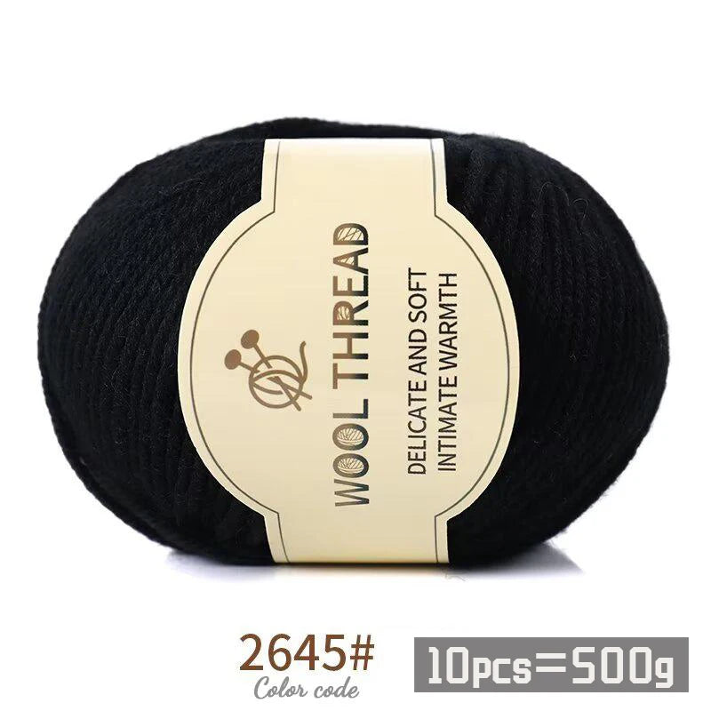 Black wool thread skein labeled with the number 2645 and color code for knitting