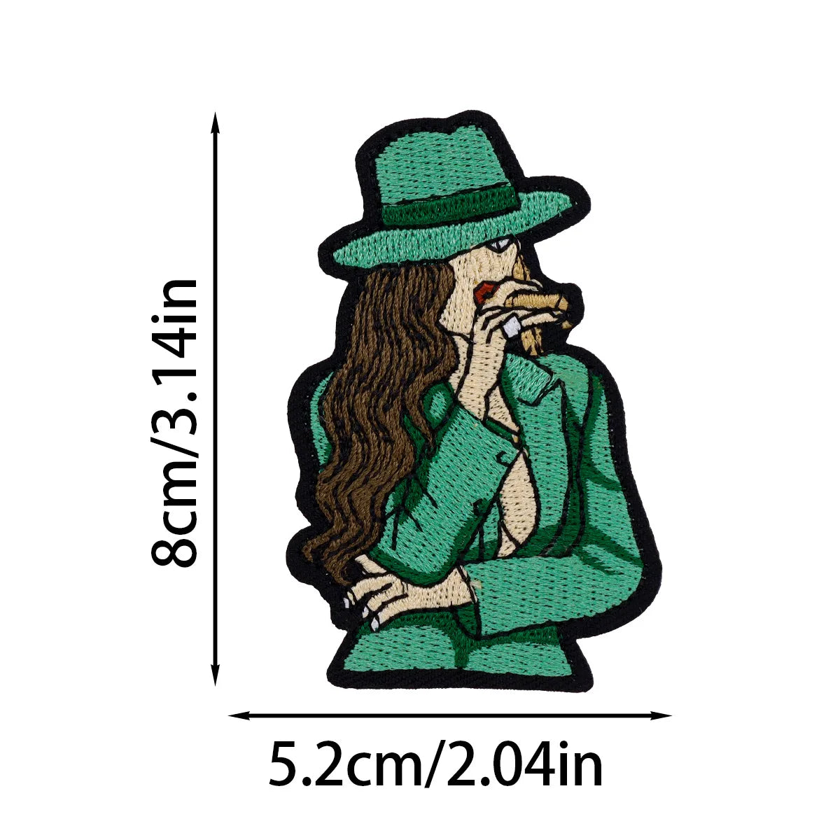 An embroidered patch of a woman wearing a green hat and jacket, holding a cigarette.
