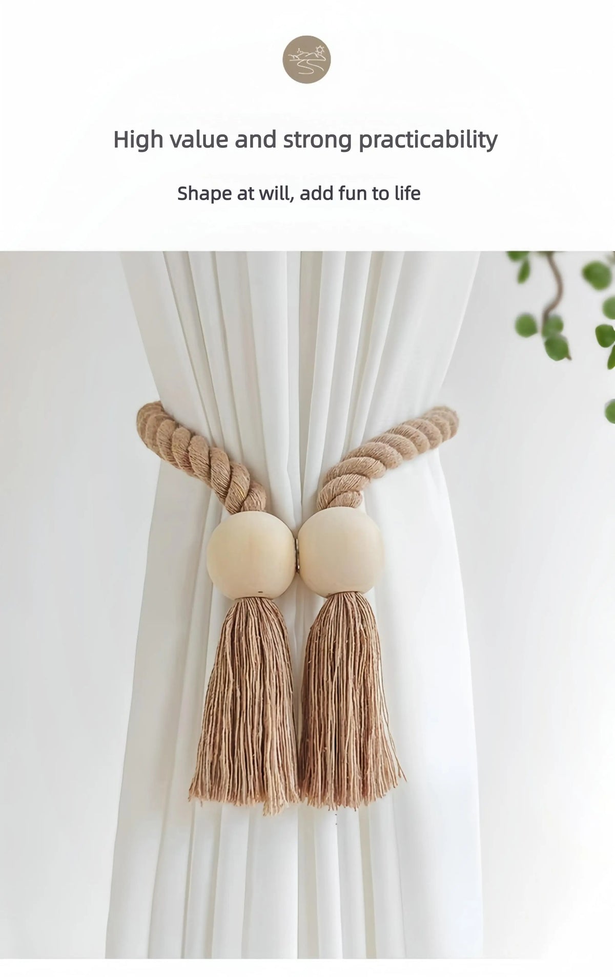 Hand-woven wooden curtain tiebacks in beige rope with round wooden accents