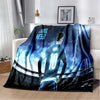 A dark blue and black graphic blanket featuring a soccer player in a jersey with the text Lionel Messi.