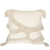 A beige plush pillow cover featuring a geometric pattern and fringed tassels.