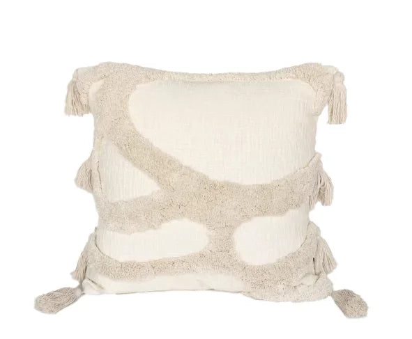 A beige plush pillow cover featuring a geometric pattern and fringed tassels.