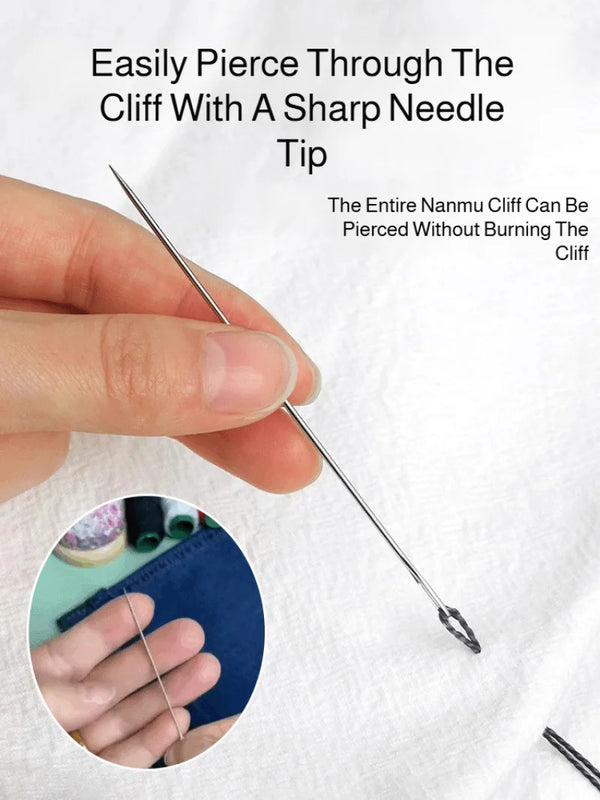 A hand holds a sharp needle tip, demonstrating how to easily pierce through a cliff.