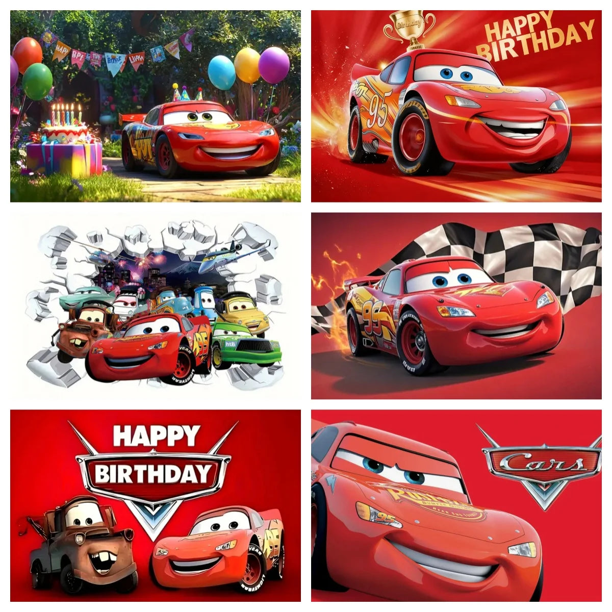 A collection of Pixar cars celebrating a birthday party, featuring various car models in vibrant colors and scenes.