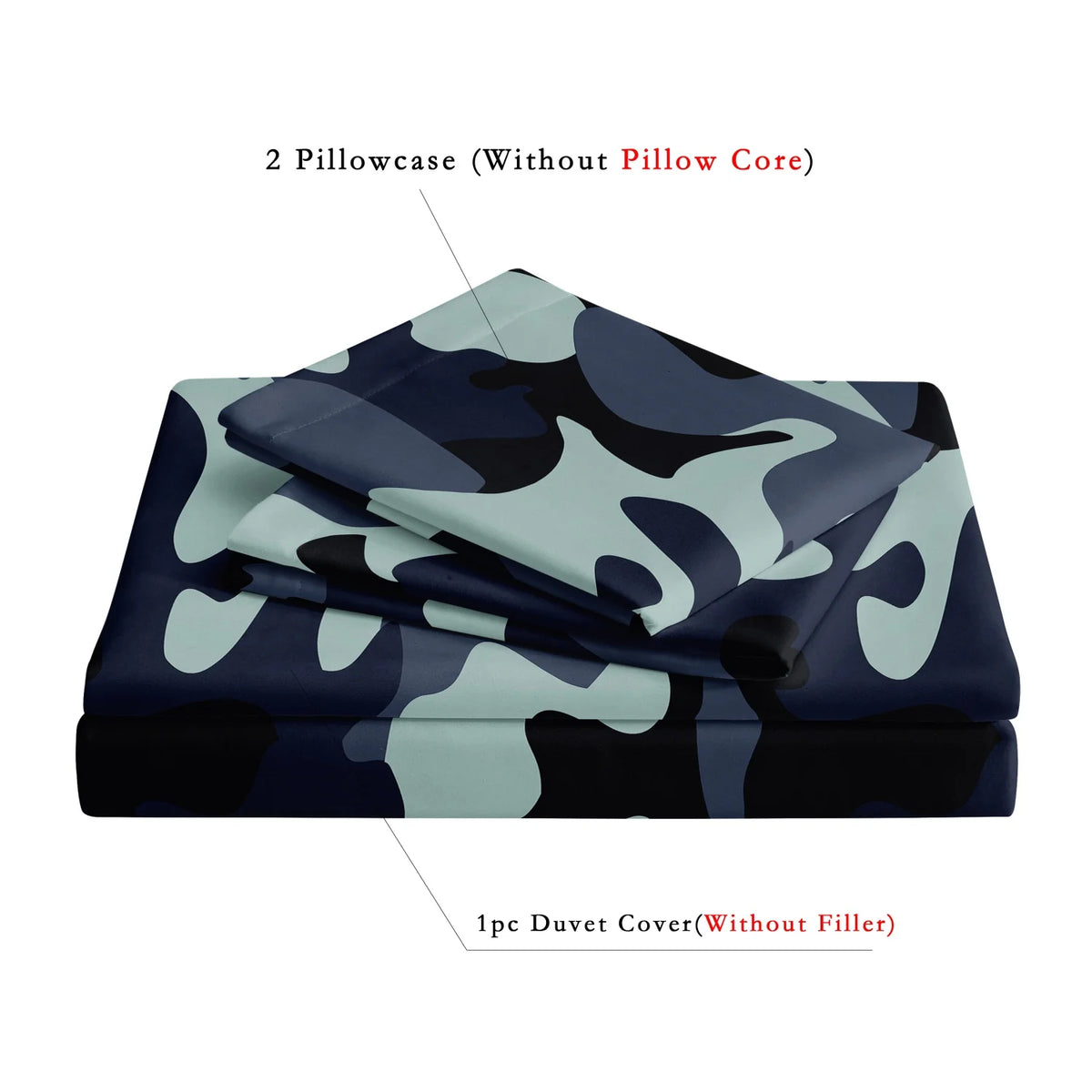 Two pillowcases and one duvet cover in a camouflage digital print pattern.