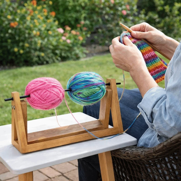 Hands are shown using a wooden rack to wind colorful yarn for storage.