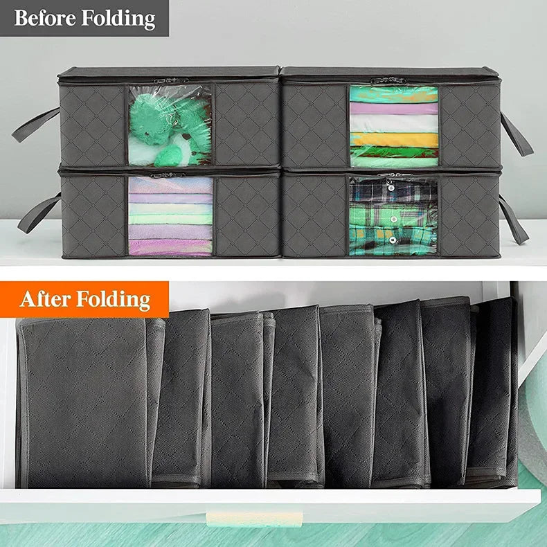 Before and after images showing a foldable storage bag for clothing and blankets.