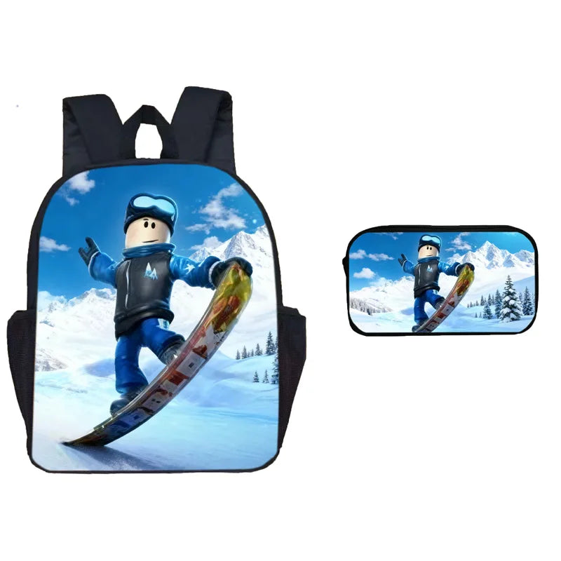 A black backpack with a dual-sided design featuring a figure in a blue and gray outfit on a snowy mountain background.