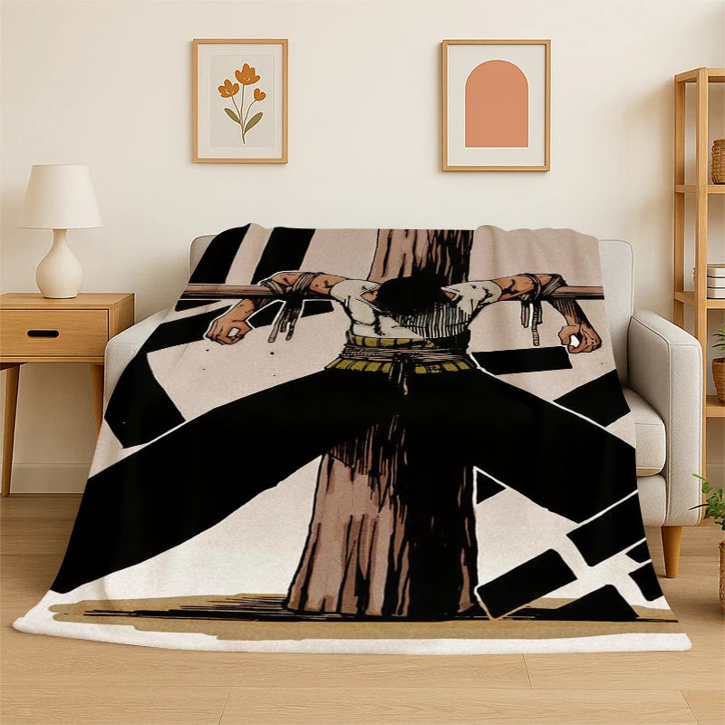 A flannel throw blanket featuring a stylized anime character design with dark and light patterns.