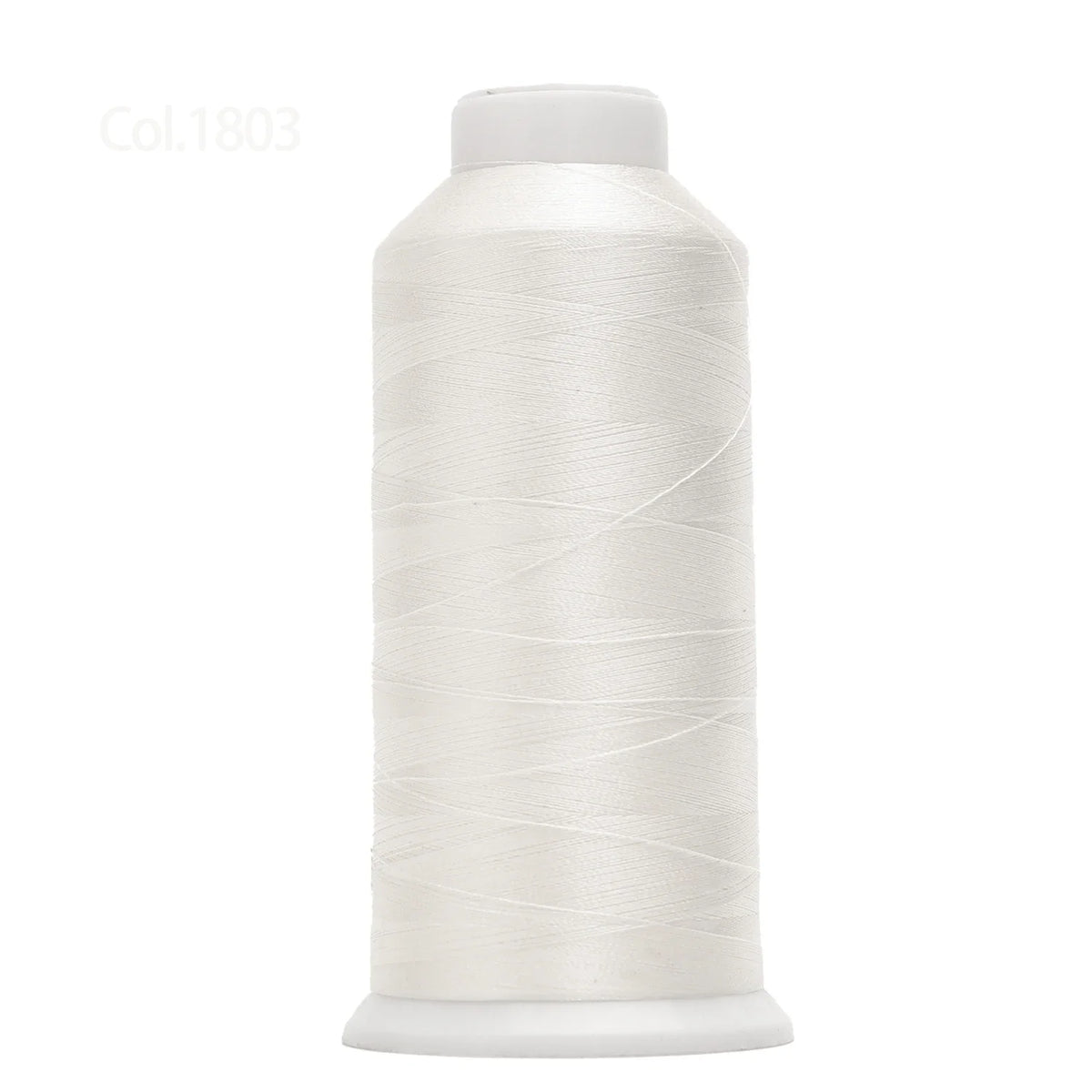 A spool of white high tenacity machine embroidery thread is shown against a white background.