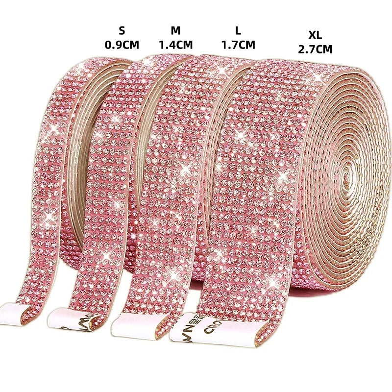 Rolls of pink crystal rhinestone ribbon in sizes S to XL for DIY crafts