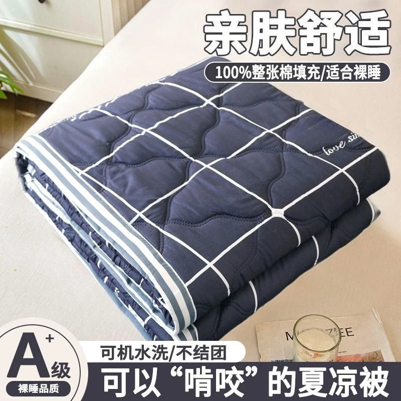 A stack of navy blue quilted blankets with white stitching and a logo on a white surface.