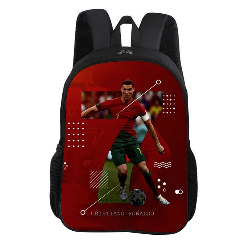 A red and black sports backpack featuring a graphic of Cristiano Ronaldo playing football.