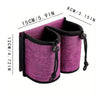 A purple fabric cup holder with a black lining and drawstring closure, shown with size measurements.